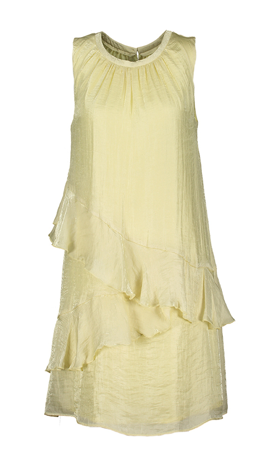 Licht pastel gele soepelvallende jurk met frul Aroski Atmos