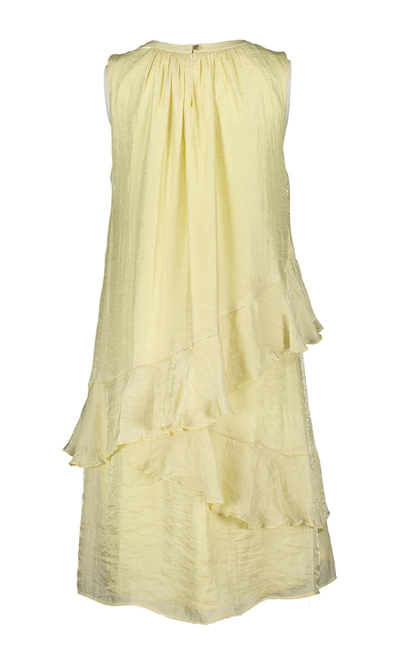 Licht pastel gele soepelvallende jurk met frul Aroski Atmos