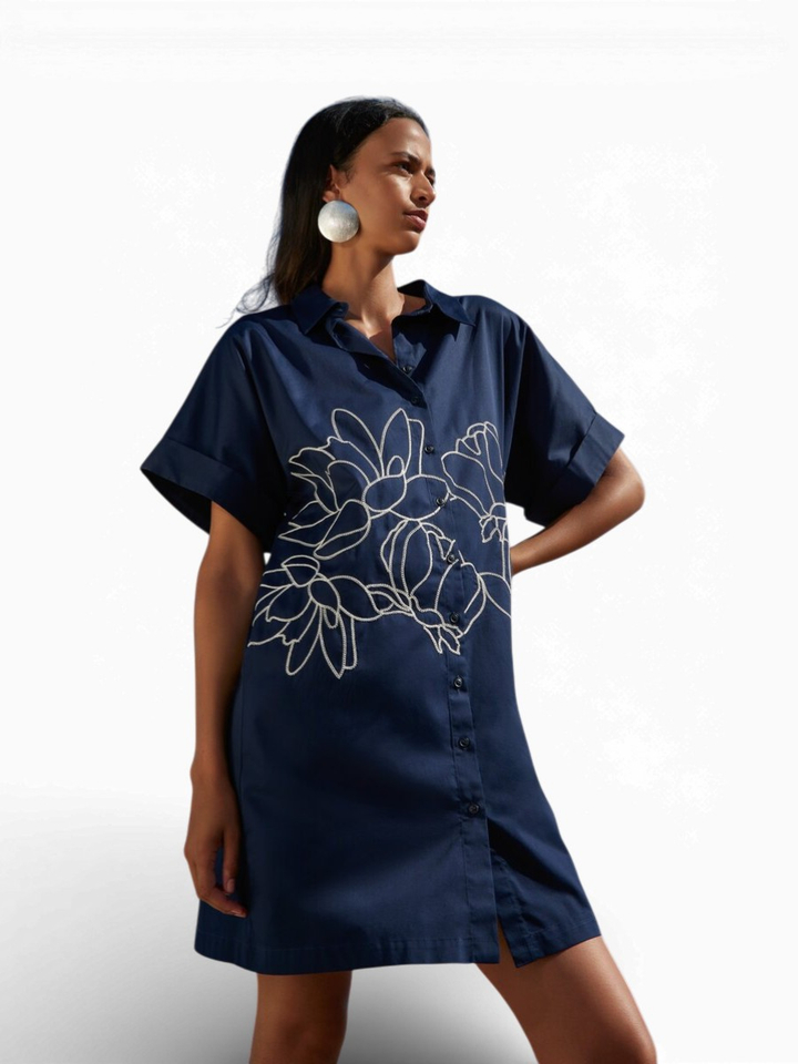 Donkerblauwe katoenen jurk met bloemenprint Zale Atmos