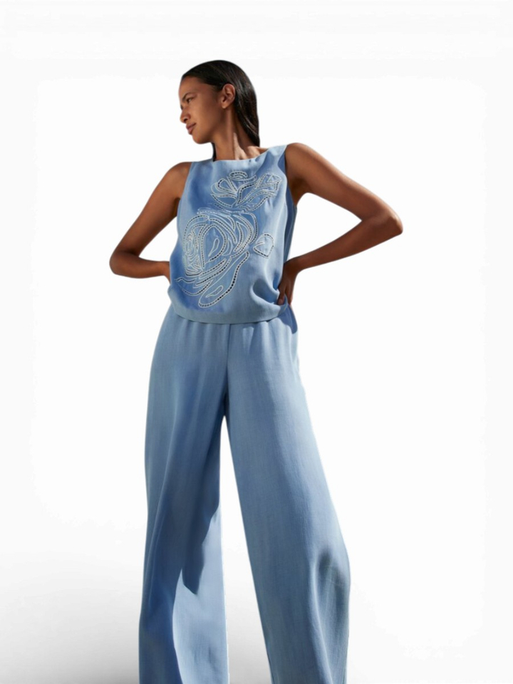 Blauwe jeanstop met borderie Jeans Atmos