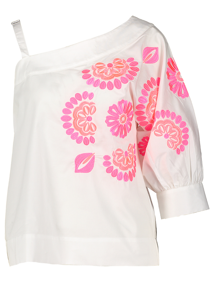 Witte off shoulder bloes met fluo roze bloemenprint