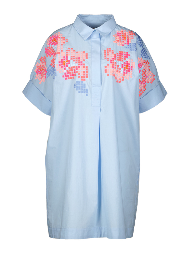 Blauw kleed met roze print Luz Senso