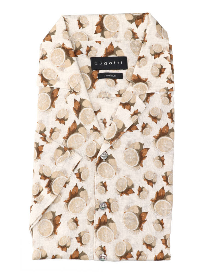 Beige linnen hemd (regular fit) met lemoenen en korte mouwen Bugatti 