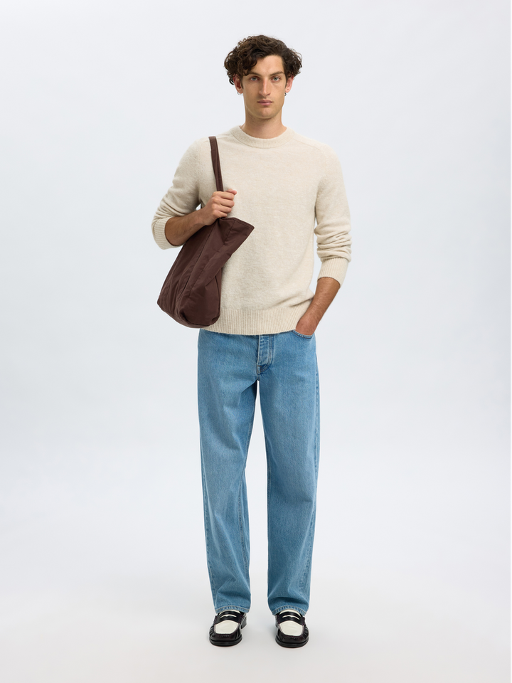 Oatmeal/melange trui met ronde hals Selected