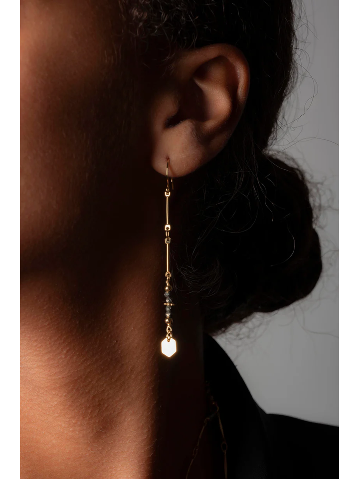 Goudgrijs asymmetrische oorbellen met pyriet, oog en ketting Maxence Murielle Perrotti
