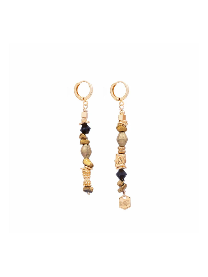 Gouden oorbellen met tolvormige hanger van brons, steen en obsidiaan Lurex