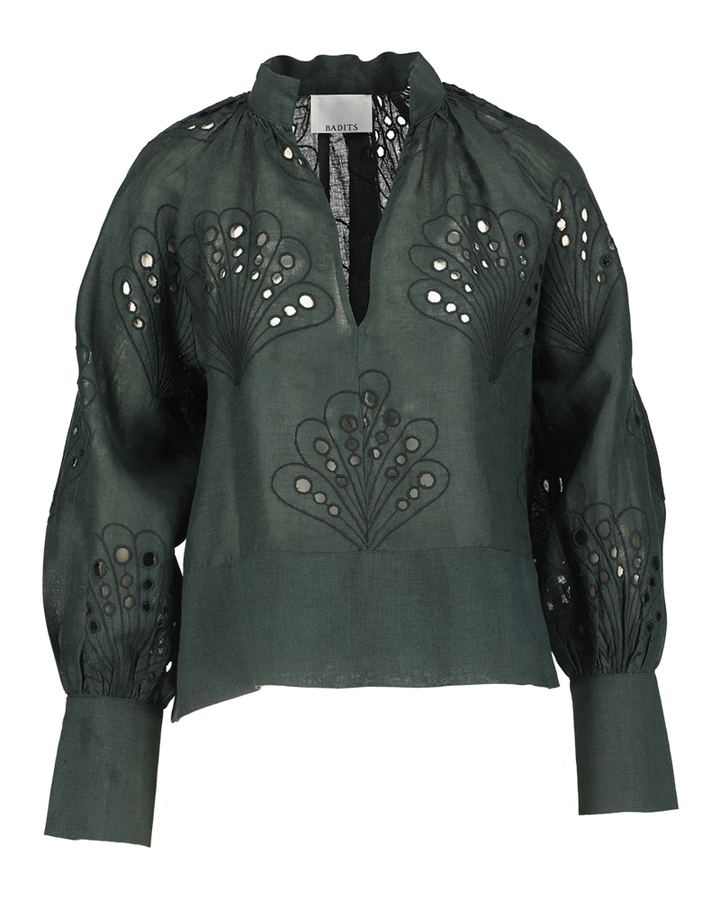 Donkergroene linnen blouse Millie Bad Habits 
