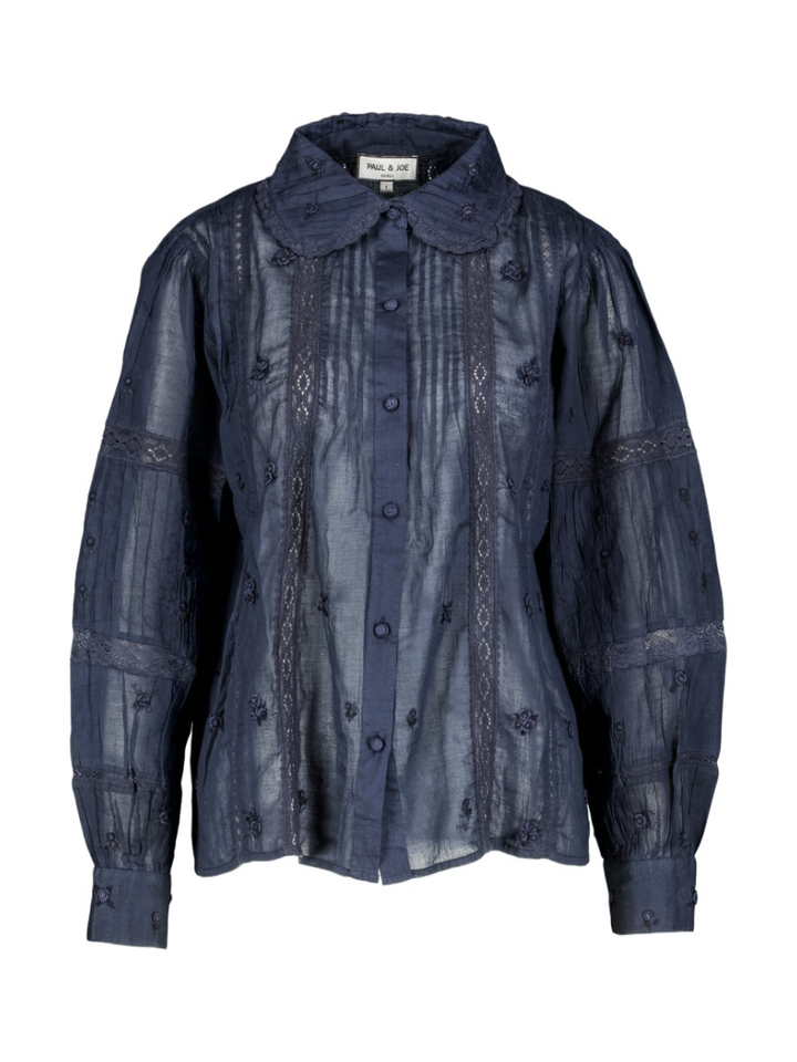 Donkerblauwe blouse met de hand geborduurd Margareth Paul & Joe 