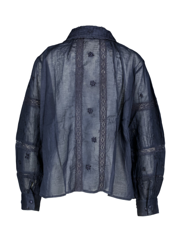 Donkerblauwe blouse met de hand geborduurd Margareth Paul & Joe 