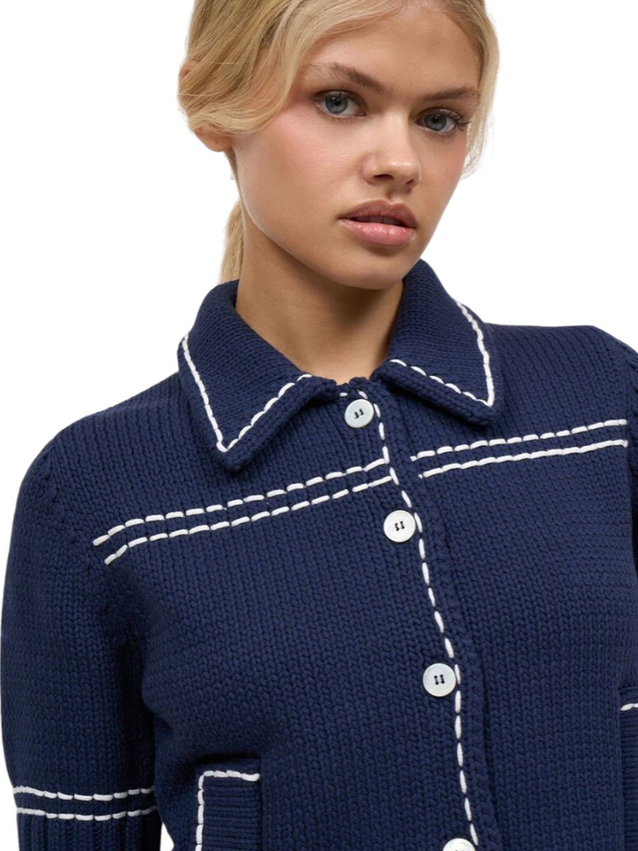 Blauwe gebreide cardigan met witte details Chiocolat Paul&Joe