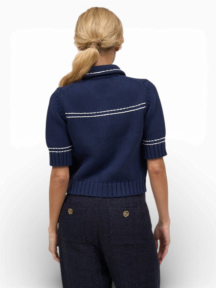 Blauwe gebreide cardigan met witte details Chiocolat Paul&Joe