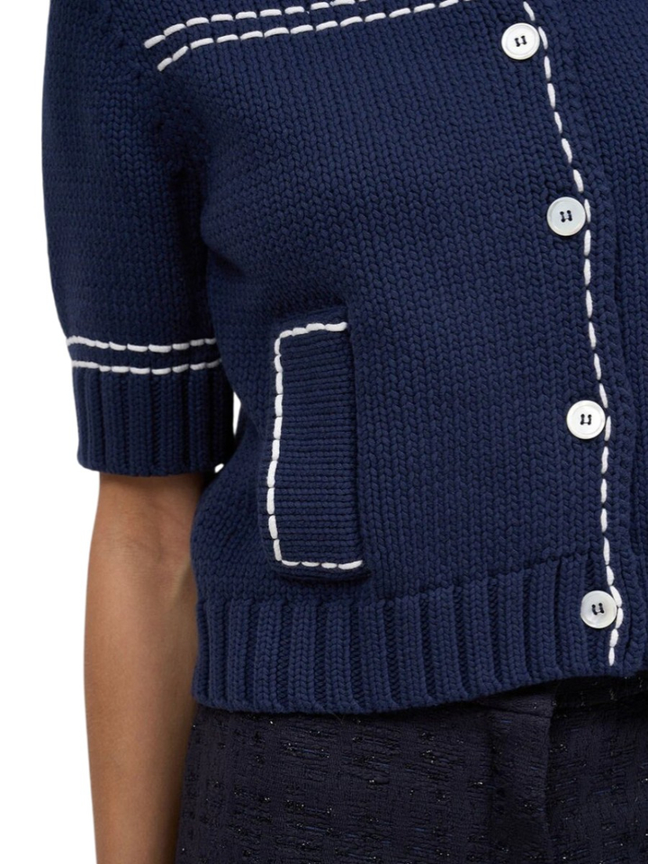 Blauwe gebreide cardigan met witte details Chiocolat Paul&Joe