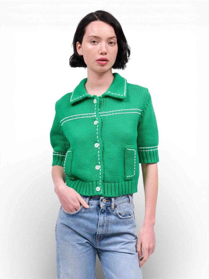 Groene korte cardigan met witte details Chocolat Paul&Joe