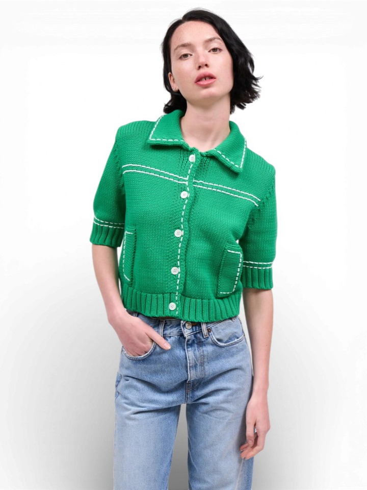 Groene korte cardigan met witte details Chocolat Paul&Joe