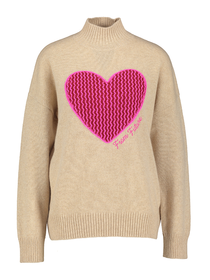 Beige trui in kasjmier met roze hart From Future
