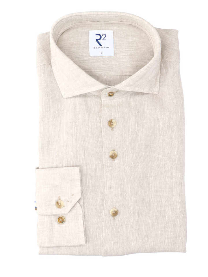 Beige linnen hemd (regular fit) met lange mouwen R2
