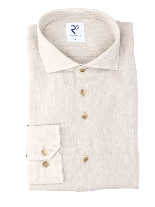 Beige linnen hemd (regular fit) met lange mouwen R2