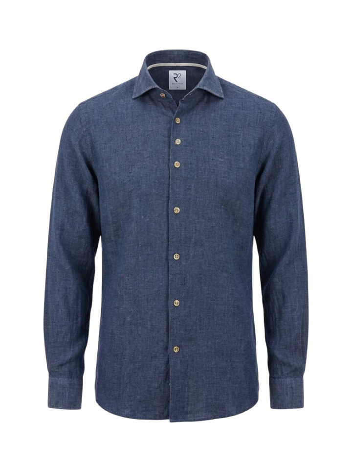 Donkerblauw linnen hemd (regular fit) met lange mouwen R2