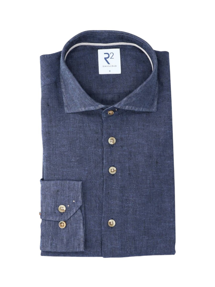 Donkerblauw linnen hemd (regular fit) met lange mouwen R2