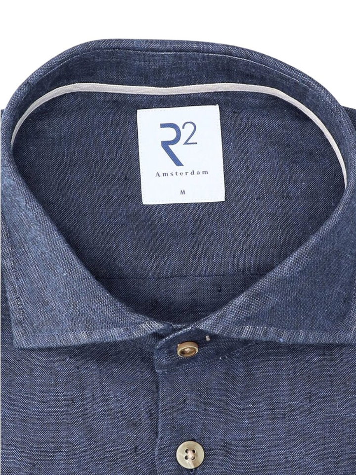 Donkerblauw linnen hemd (regular fit) met lange mouwen R2