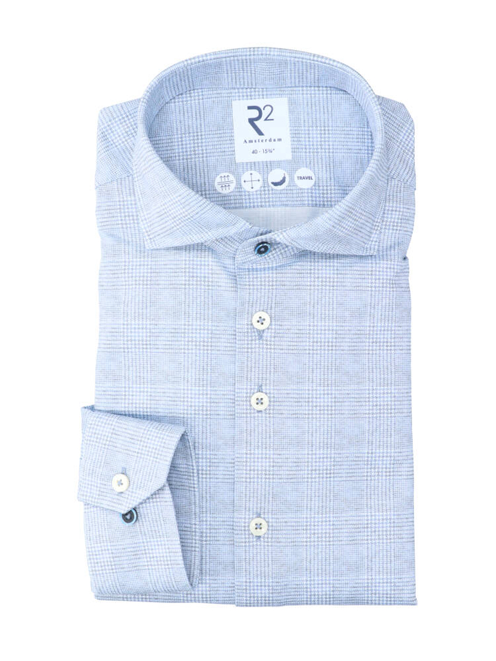 Lichtblauw katoenen hemd (regular fit) met ruiten en lange mouwen R2