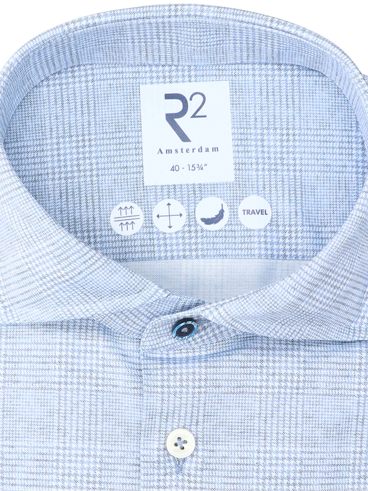 Lichtblauw katoenen hemd (regular fit) met ruiten en lange mouwen R2