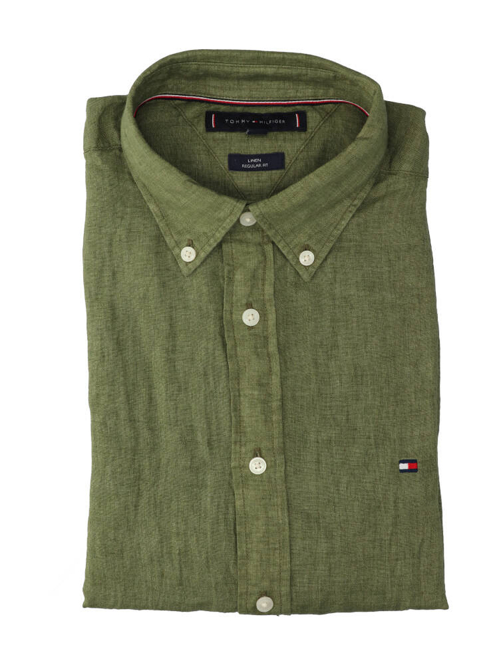 Donkergroen linnen hemd (regular fit) met lange mouwen Tommy Hilfiger 
