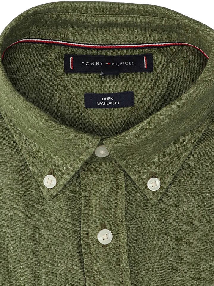 Donkergroen linnen hemd (regular fit) met lange mouwen Tommy Hilfiger 