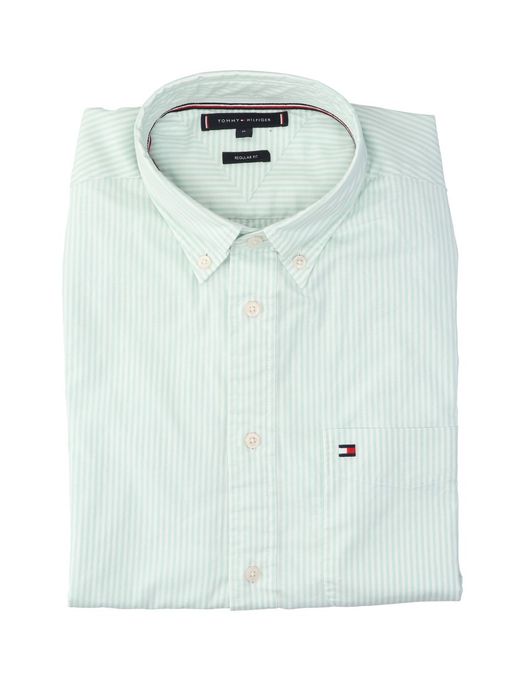Wit katoenen hemd (regular fit) met lichtgroene strepen en lange mouwen Tommy Hilfiger