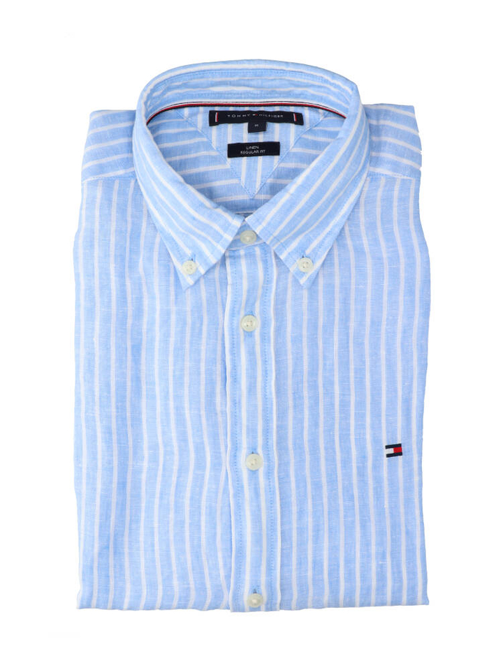 Blauw linnen hemd (regular fit) met strepen en lang mouwen Tommy Hilfiger