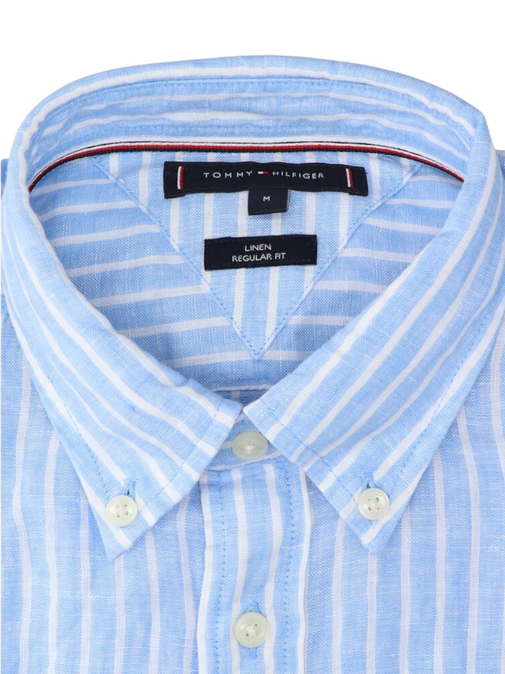 Blauw linnen hemd (regular fit) met strepen en lang mouwen Tommy Hilfiger