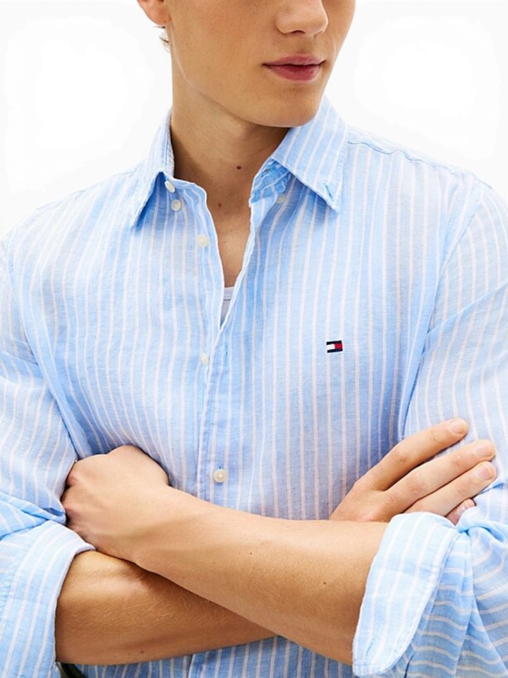 Blauw linnen hemd (regular fit) met strepen en lang mouwen Tommy Hilfiger