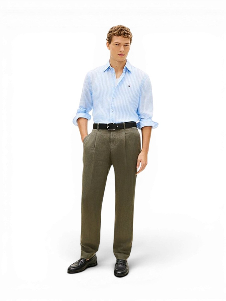 Blauw linnen hemd (regular fit) met strepen en lang mouwen Tommy Hilfiger