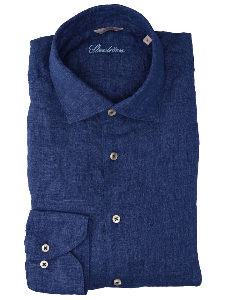Blauw linnen hemd (regular fit) met lange mouwen Stenströms