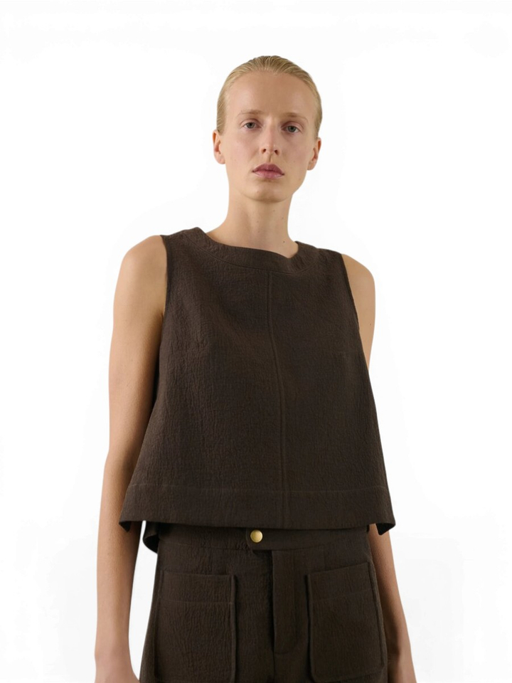 Donkerbruine katoenen top met split Pampa Soeur