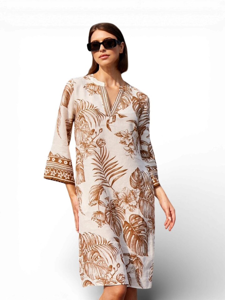 Ecru jurk met bruine bloemenprint Clementine Angoor