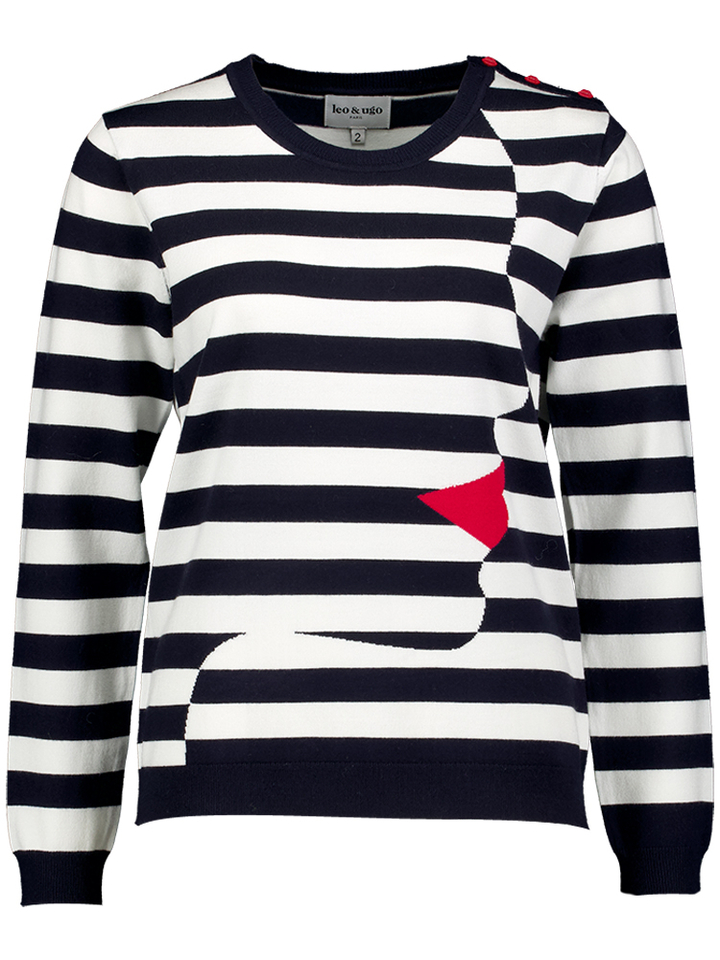 Navy en white gestreepte trui met gezicht rood Leo&Ugo 
