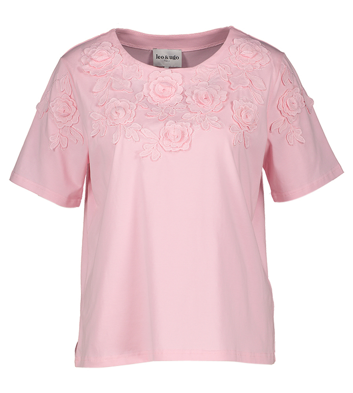 Roze t-shirt met bloemen detail detail Tev Leo & Ugo