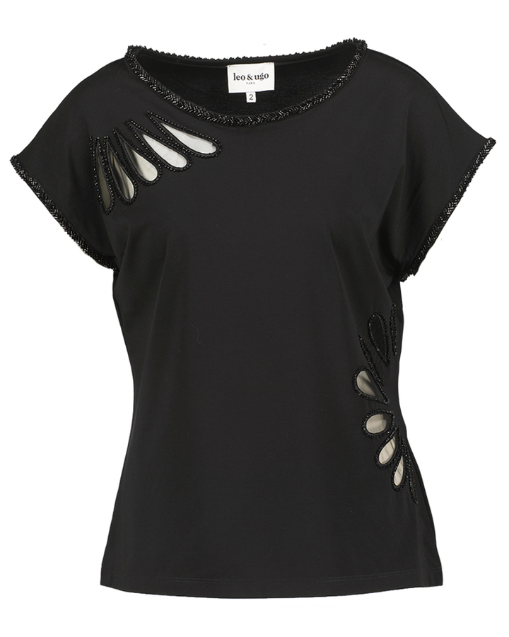 Zwarte t-shirt met parel detail Leo&Ugo