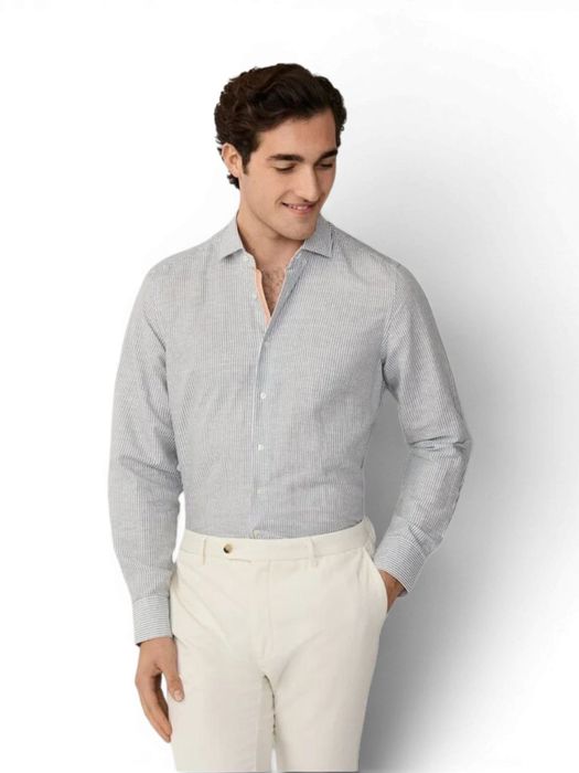 Sage green linnen hemd (regular fit) met strepen en lange mouwen Hackett
