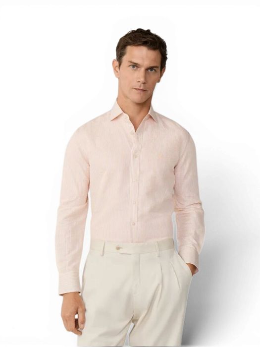 Peach linnen hemd (regular fit) met strepen en lange mouwen Hackett