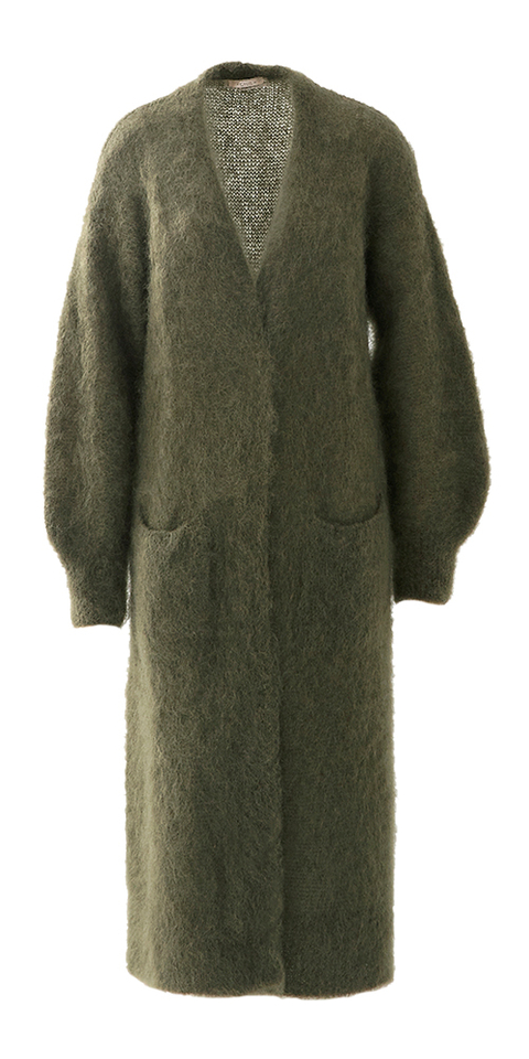 Olijfgroene lange gilet in mohair Alma Giul 