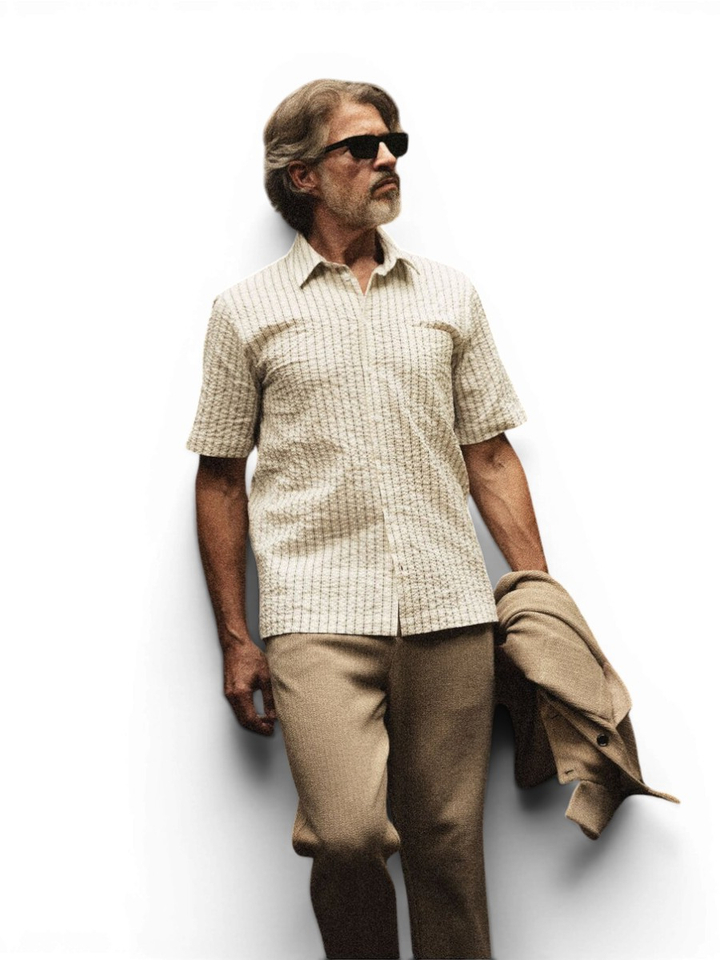 Beige katoenen hemd (regular fit) met strepen en korte mouwen Mos Mosh