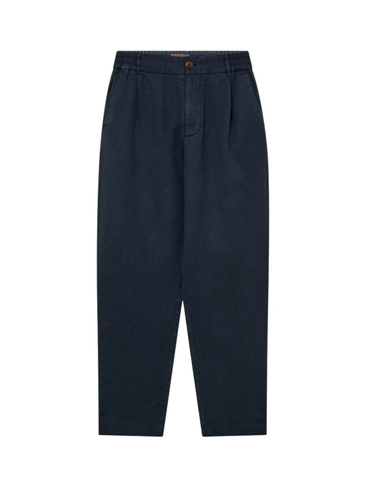 Donkereblauwe broek met bandplooi in linnen en katoen  Mos Mosh 