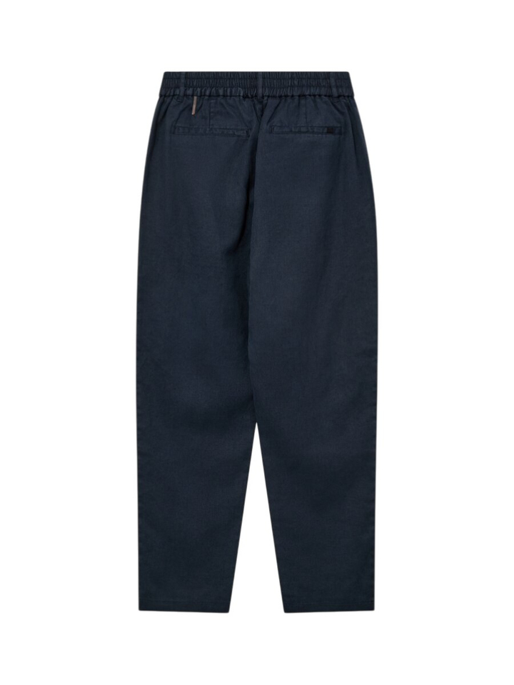 Donkereblauwe broek met bandplooi in linnen en katoen  Mos Mosh 