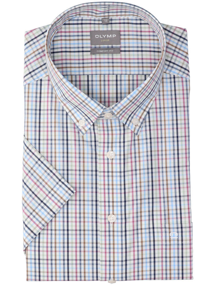 Wit katoenen hemd (comfort fit) met kleurrijke ruiten en korte mouwen Olymp