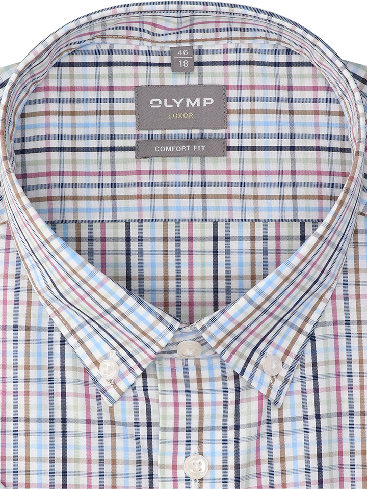 Wit katoenen hemd (comfort fit) met kleurrijke ruiten en korte mouwen Olymp