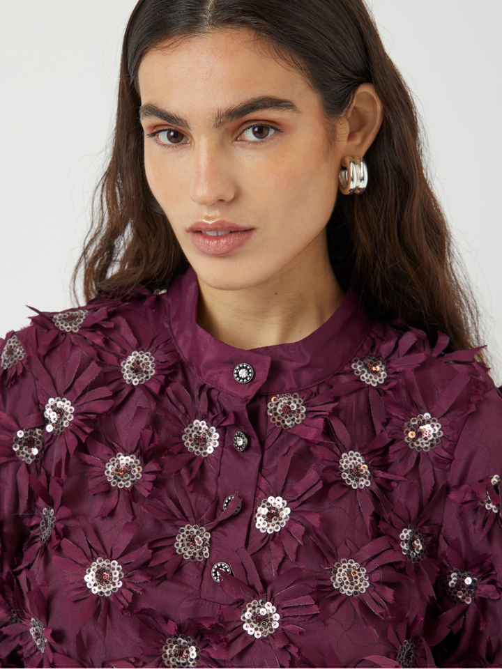 Bordeaux kleed met pailletten en ruffles Yasabelone Y.A.S