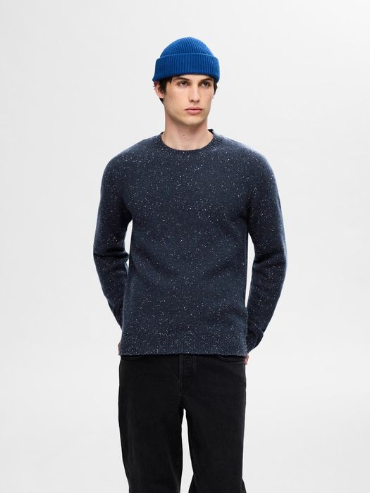 Blauwe wollen pull met ronde hals Selected