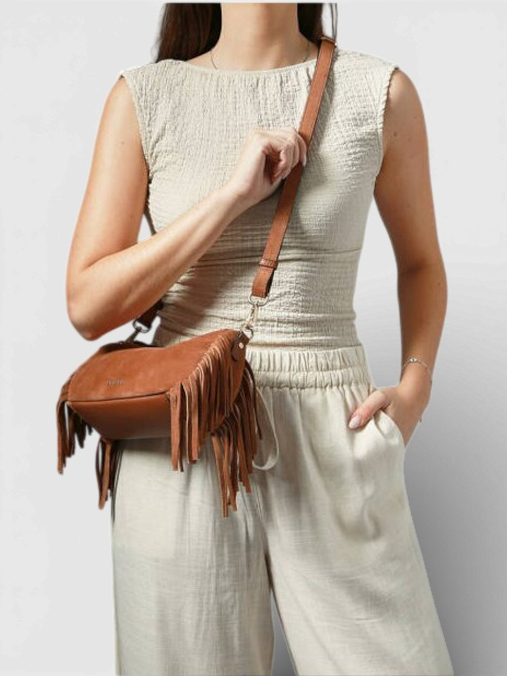 Cognac crossbody tas met suède voorzijde Etrier